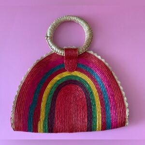 Handwoven Rainbow Straw Tote Bag - Pink